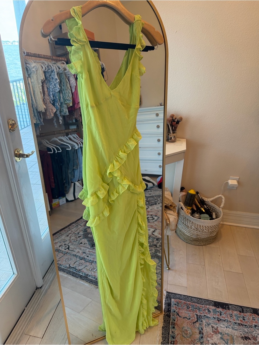 For Love & Lemons Neon Lime Ruffle V-Neck Maxi Dress